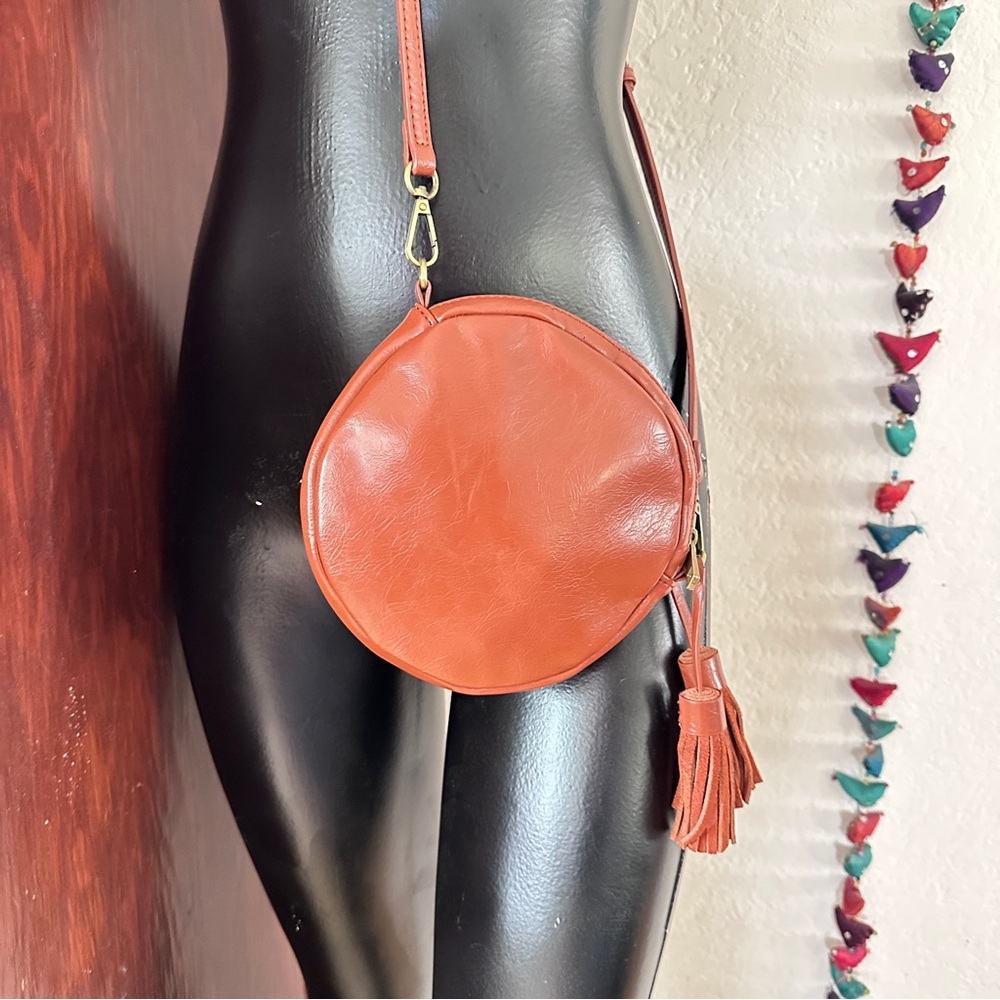 Anthropologie Tan Faux Leather Circle Bag W/ Genuine Leather Suede Tassels